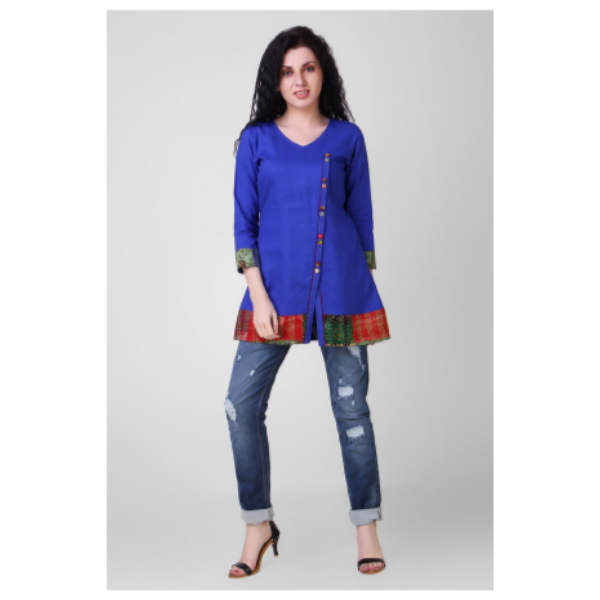 blue cotton silk tunic with kantha embroidery